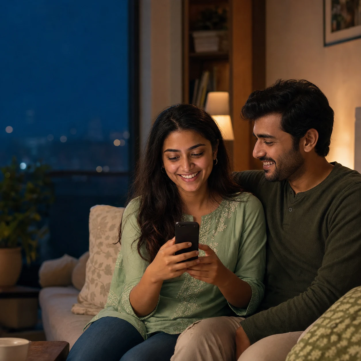 Illustrative scene of a young Indian couple sharing hopeful news about their families meeting