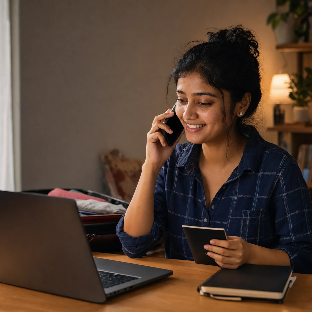 Illustrative scene of a young Indian woman celebrating an overseas university admission update
